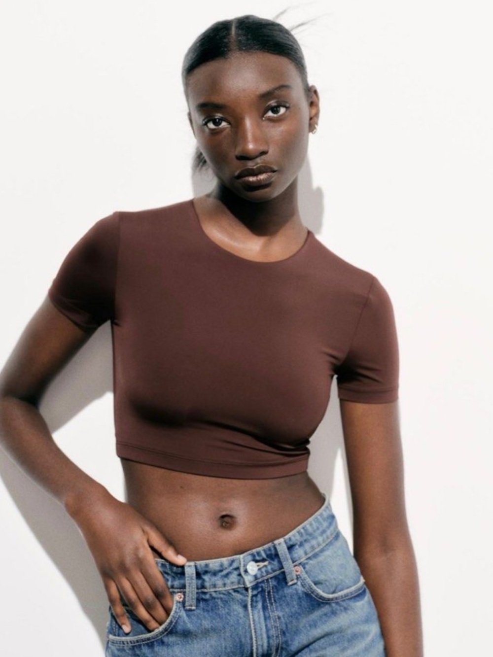 NWOT Zara Polyamide Short Sleeve Crop Top in Brown Size Small